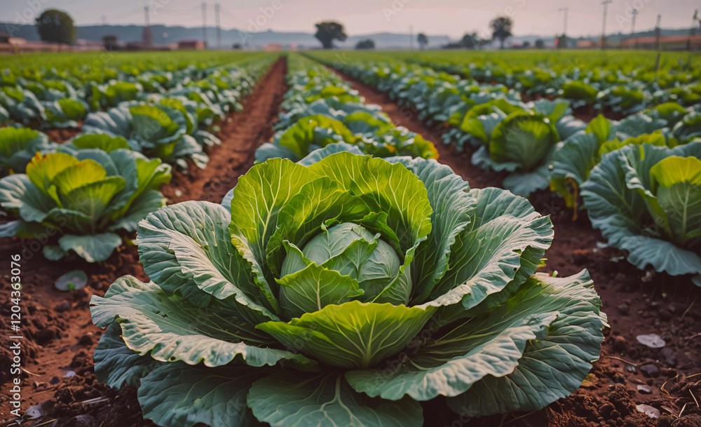 Poster large green cabbage is the main focus of the image. the field is filled with rows of green vegetable