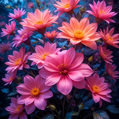 A bouquet of pink and orange flowers with yellow centers