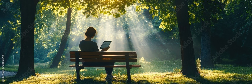 Poster Relaxing in nature while reading on a tablet under the warm sunlight in a peaceful park setting. Generative AI