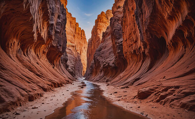 Canyon with a river running through it. The canyon is very narrow and the water is calm