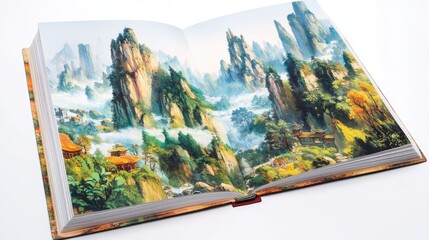 An open book showcasing colorful pictures of Mount Emei Guilin karsts, and Chengdu Giant Panda Research Base rising. White background.