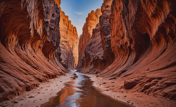 Canyon with a river running through it. The canyon is very narrow and the water is calm