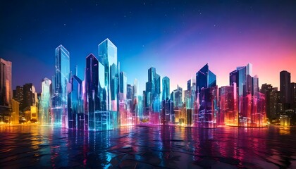 Fototapeta premium Modern Skyscrapers Reflecting Colorful City Lights at Night