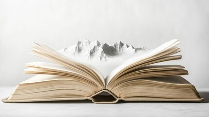 Obraz premium An open book showcasing stunning visuals of the French Alps, Giverny gardens, and the Cliffs of tretat emerging above. White backdrop.