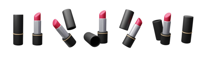 Big bundle of different 3D lipsticks isolated on white. Luxury glamour beauty fashion makeup red lipstick in a black glossy case 3D realistic render. Korean decorative cosmetic icon set.