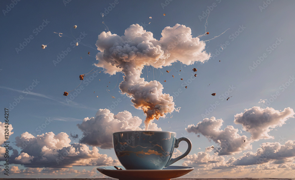 Poster cup of coffee is sitting on a saucer in front of a cloudy sky. the clouds are dark and ominous, and 