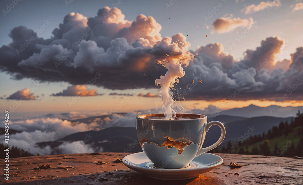Aufkleber Cup of coffee is poured into a saucer on a table. The coffee is steaming and the cup is almost empty. The scene is set against a backdrop of mountains and clouds, creating a serene and peaceful