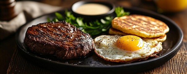 Wholesome and inviting breakfast steak and eggs complemented with fluffy homemade pancakes, served up as the ultimate comfort breakfast