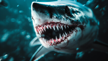 Shark digital illustration. Aggressive shark digital photo style illustration. AI artwork.