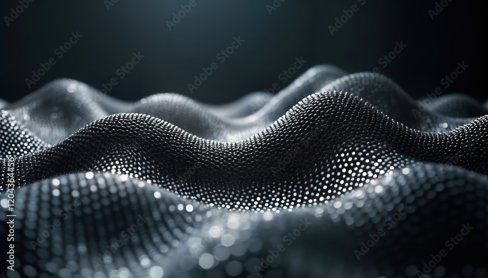 Poster Abstract metallic wave pattern. Dynamic 3D mesh structure with hexagonal shapes. Waveform design modern futuristic concept. Molecular lattice neural network. Background image. Suitable for science