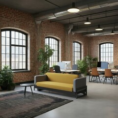 Fototapeta premium Industrial loft office space, exposed brick walls, large windows, natural light, wooden beams, concrete floor, minimalist furniture, modern office desk, ergonomic chairs, indoor plants, pendant lighti