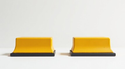 Pair of vibrant yellow objects with a dark base, subtly curved edges, and a smooth surface, ideal for minimalist display