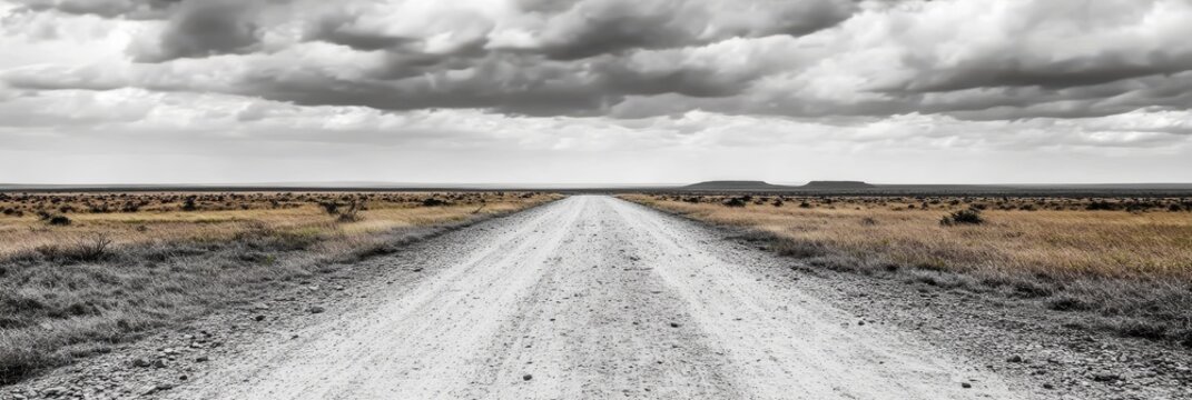 Tanzanian Savannah Road Under Stormy Skies - A lone dirt road stretches across a vast, golden savannah under a dramatic, stormy sky.  It symbolizes journey, freedom, exploration, solitude, and the unt