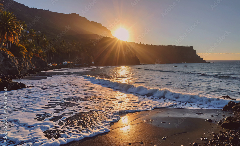 Aufkleber The sun is setting over the ocean, casting a warm glow on the water and the beach. The waves are crashing against the shore, creating a peaceful and serene atmosphere. The beach is empty