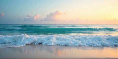 Obraz premium Serene Coastal Scene Ocean Waves Crashing on Sandy Shore at Sunset