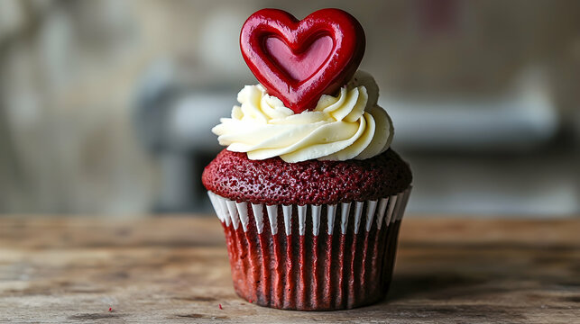 A red velvet cupcake with a heart-shaped topper on a wooden table.