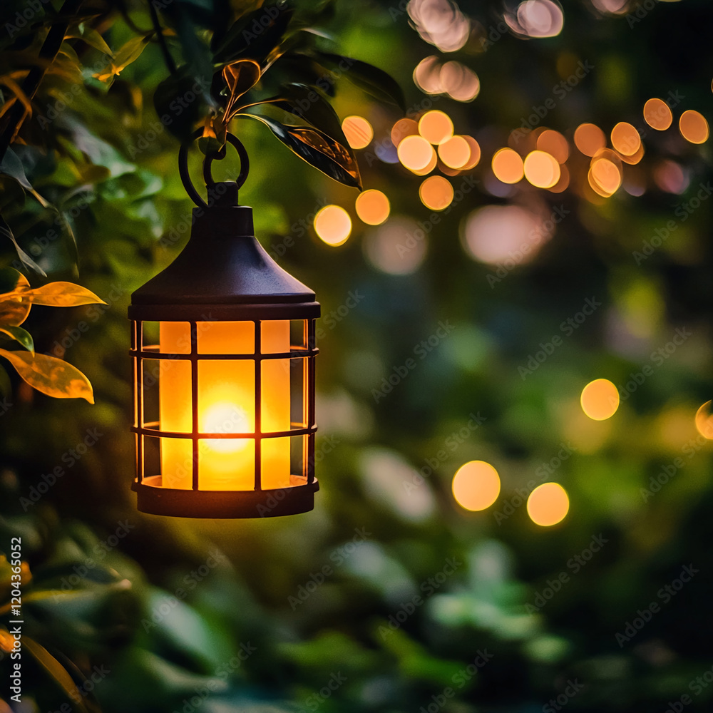 Poster outdoor lantern glowing in the garden with blurred bokeh lights in the background