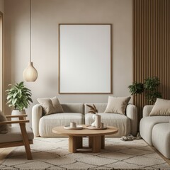 Minimalist living room, Scandinavian design, neutral color palette, beige walls, white sofa, wooden coffee table, arched floor lamp, potted plant, framed blank canvas, textured wallpaper, cozy throw p