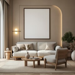Minimalist living room, Scandinavian design, neutral color palette, beige walls, white sofa, wooden coffee table, arched floor lamp, potted plant, framed blank canvas, textured wallpaper, cozy throw p