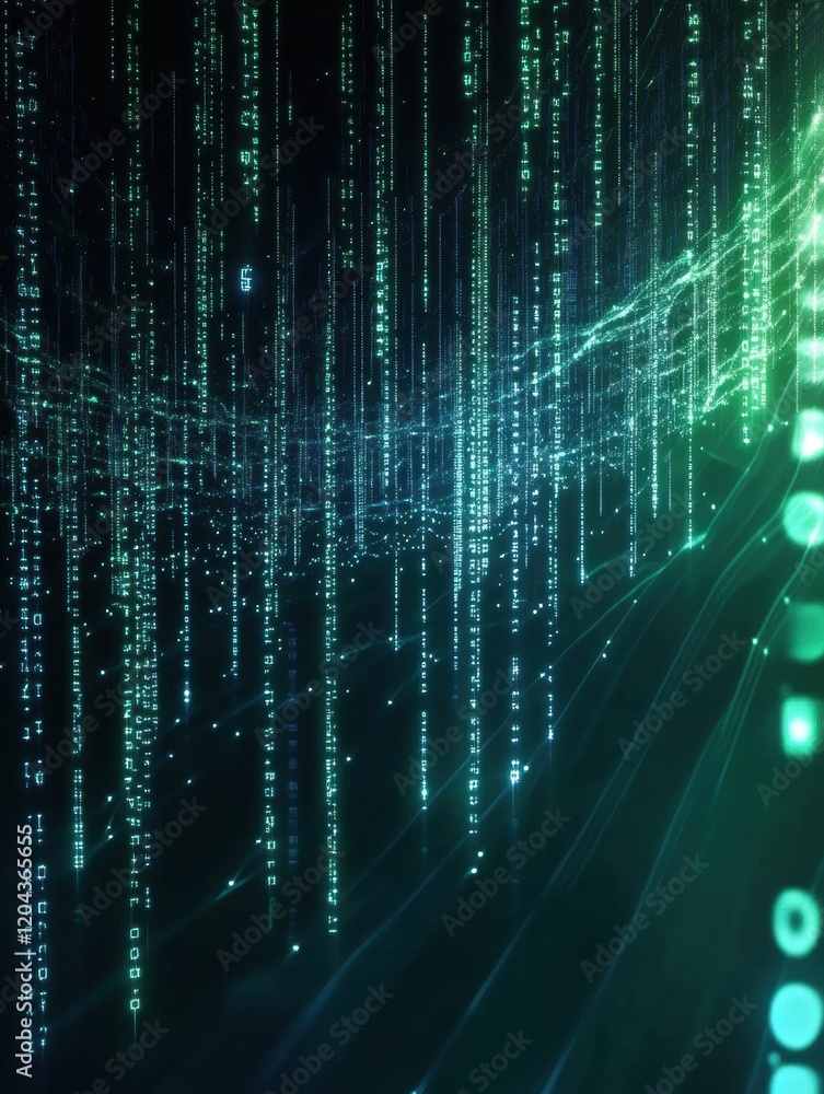 Fototapete matrix style digital rain with flowing green and blue binary code against a dark background. generat