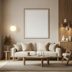 Minimalist living room, Scandinavian design, neutral color palette, beige walls, white sofa, wooden coffee table, arched floor lamp, potted plant, framed blank canvas, textured wallpaper, cozy throw p