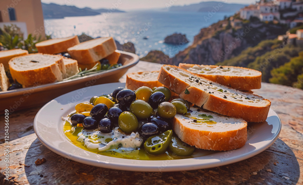Poster White plate with bread and olives is placed on a table. The bread is positioned to the right of the olives, creating a visually appealing and appetizing presentation