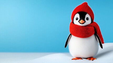 Fototapeta premium Fluffy Cartoon Penguin Wearing a Red Scarf and Hat Stands Cheerfully Against a Blue Background