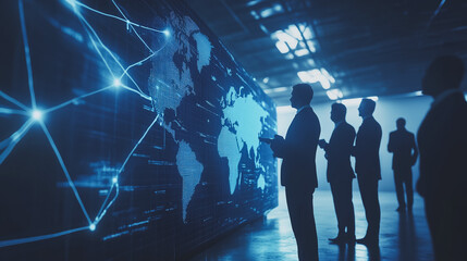 Fototapeta premium abstract professional business team people innovation connection of line from nail node to node on map background , networking concept