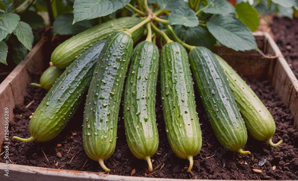Poster Bunch of cucumbers are sitting in a wooden box. The cucumbers are green and have a bumpy texture