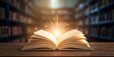 Obraz premium An open book with glowing light and sparkles emanating from its pages, placed on a wooden table in a cozy library, symbolizing the magic of knowledge and imagination.