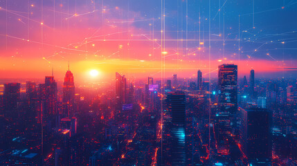 Fototapeta premium Generative ai illustration of megapolis with skyscrapers at sunset. Futuristic City. Illustration