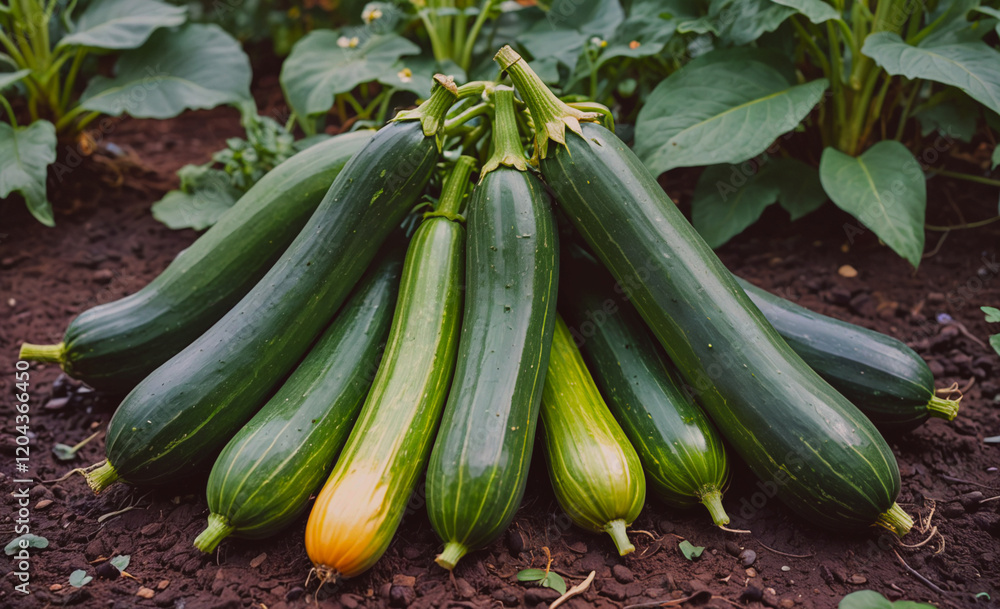 Poster Bunch of green zucchini are piled on top of each other. The zucchini are all different sizes and are arranged in a way that they are all touching each other