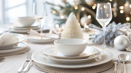 Elegant holiday table setting with festive decorations and twinkling lights.