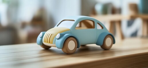 Fototapeta premium Wooden toy car on table, blurred home background, child's play