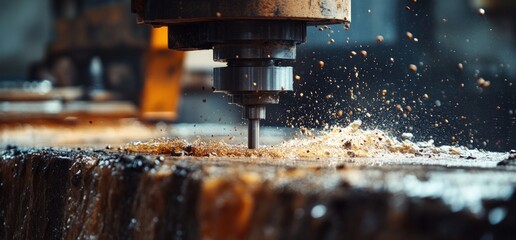 Woodworking CNC machine close-up, factory background. Industrial manufacturing process