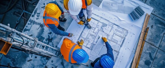 Workers review blueprints, construction site