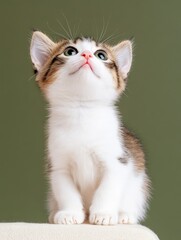 Fototapeta premium Adorable Kitten Looking Up - A cute, fluffy kitten sits and gazes upward, showcasing its innocence and charm against a muted green backdrop.