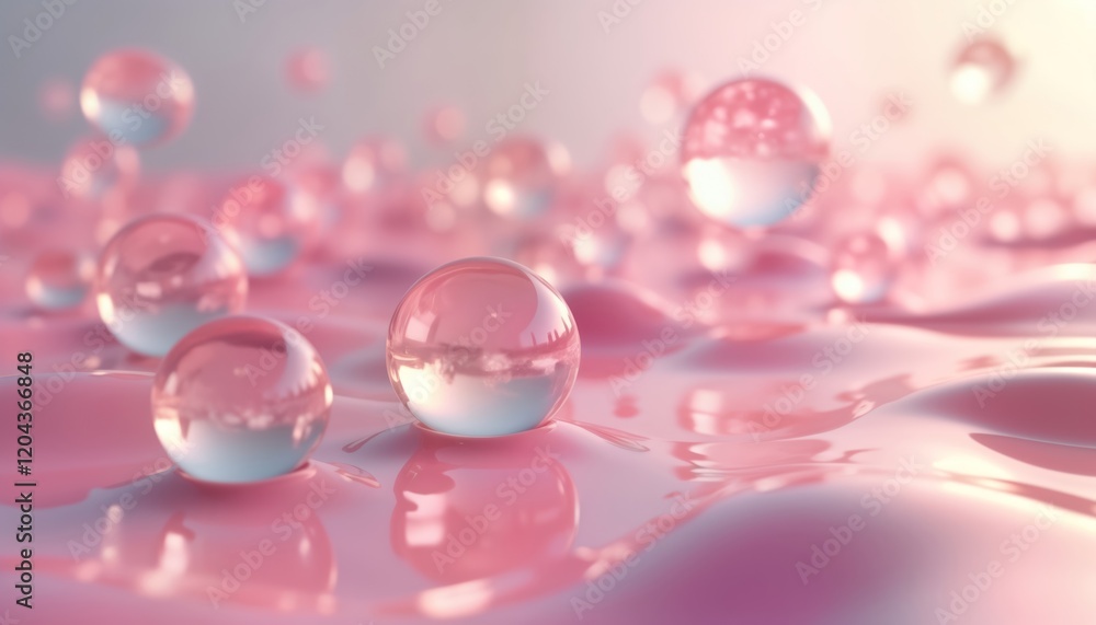 Poster pink and white spheres float above a pink liquid surface. abstract design with soft light. trendy an