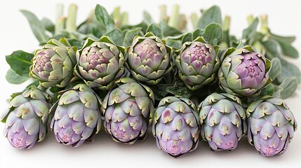 Fototapeta premium Beautiful arrangement of stack of fresh artichokes surrounded by green leaves placed isolated on white background