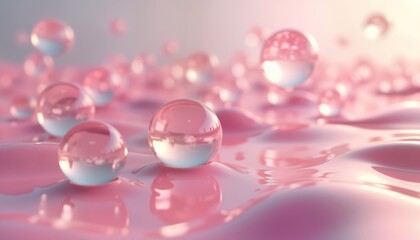 Pink and white spheres float above a pink liquid surface. Abstract design with soft light. Trendy and futuristic aesthetic. Suitable for beauty products, fashion, or tech themes.