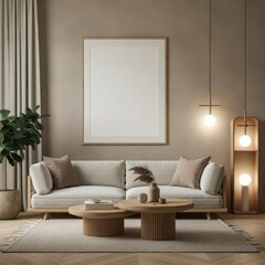 Minimalist living room, Scandinavian design, neutral color palette, beige walls, white sofa, wooden coffee table, arched floor lamp, potted plant, framed blank canvas, textured wallpaper, cozy throw p