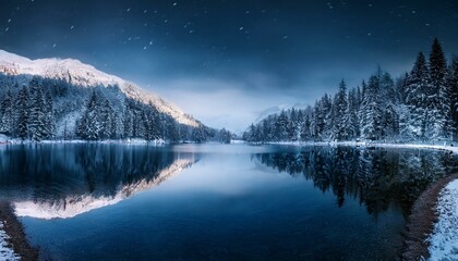Midnight in a Snowy Mountain Valley with a Reflective Blue Lake. AI Generated.
