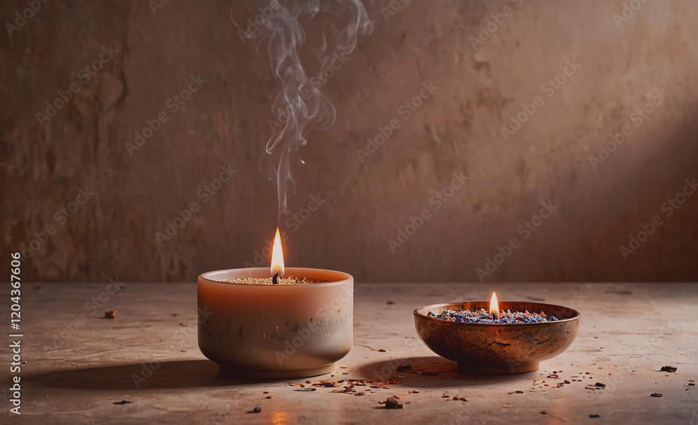 Aufkleber two candles are lit on a table, one of which is in a bowl. the other candle is in a smaller bowl. th