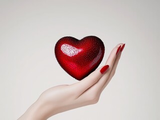 Fototapeta premium Woman’s hand presenting a shiny red heart shaped object against a neutral background, symbolizing care, passion, and emotional giving in a minimalist and elegant design