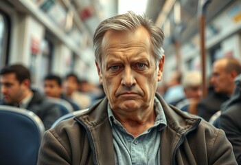 Fototapeta premium A middle-aged man sitting on a train, looking unhappy
