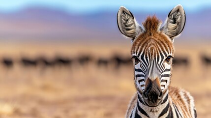 Fototapeta premium Young zebra portrait, African savanna, herd background, wildlife photography