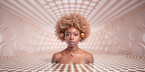 afrofuturism - crazy african woman in a surreal abstract room