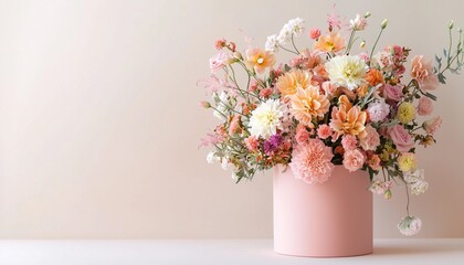 Naklejka premium Whimsical zephyr bouquet beautifully arranged in a pink box on a light background, offering a creative twist on traditional flower gifts