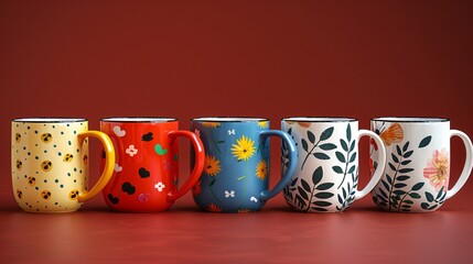 Beautiful multi colored printed ceramic mugs placed in  a row in front of red background