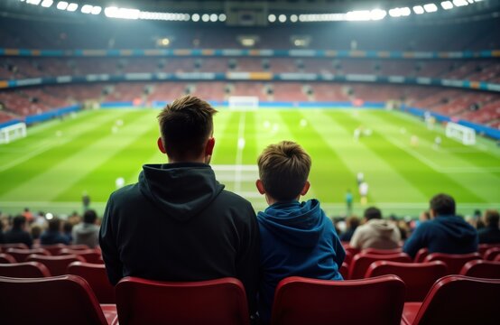 Father, son watching soccer game in stadium. Sit together in stands. Lots of people also watching match. Seems like fun family day out. Game on grassy field. Spectators watching players compete.